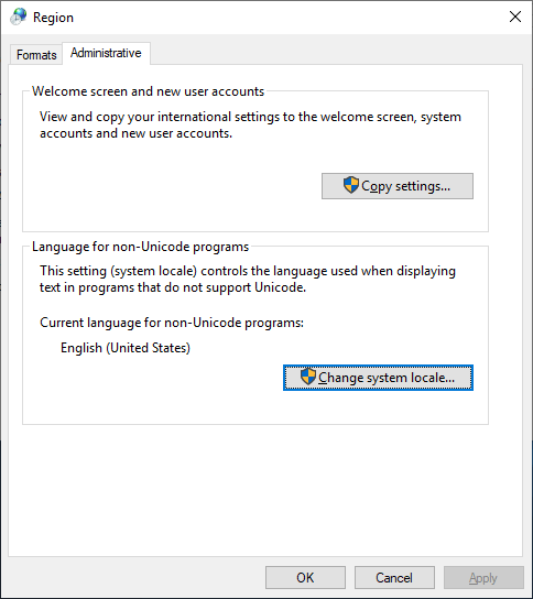 이미지 설명: Region - Administrative - Language for non-Unicode programs - This setting (system locale) controls the language used when displaying text in programs that do not support Unicode.